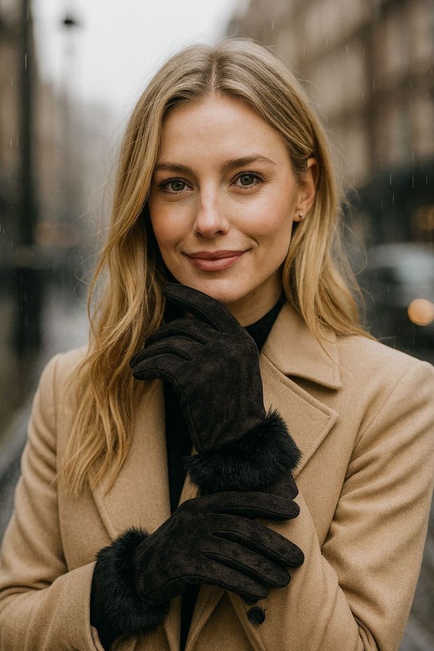 Black Fur Suede Textured Women's Gloves