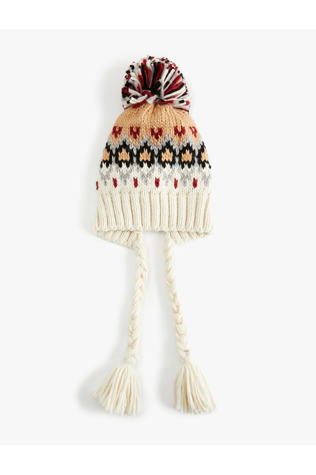 Winter Themed Multi-Colored Beanie with Pompom and Tassel Detail