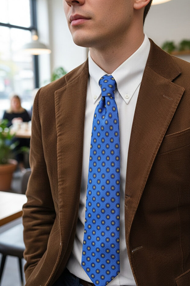 ربطة عنق حريرية أنيقة باللون الأزرق ذات نقوش دقيقة - 2