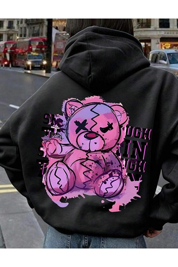 Unisex Pink Bear Printed Hooded Oversized Sweatshirt