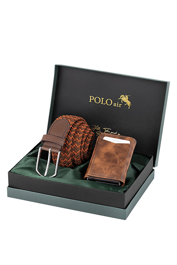 Magnetic Automatic Mechanism Wallet Knitted Flexible Belt Men's Combination Set Tan Brown Color M-07-T