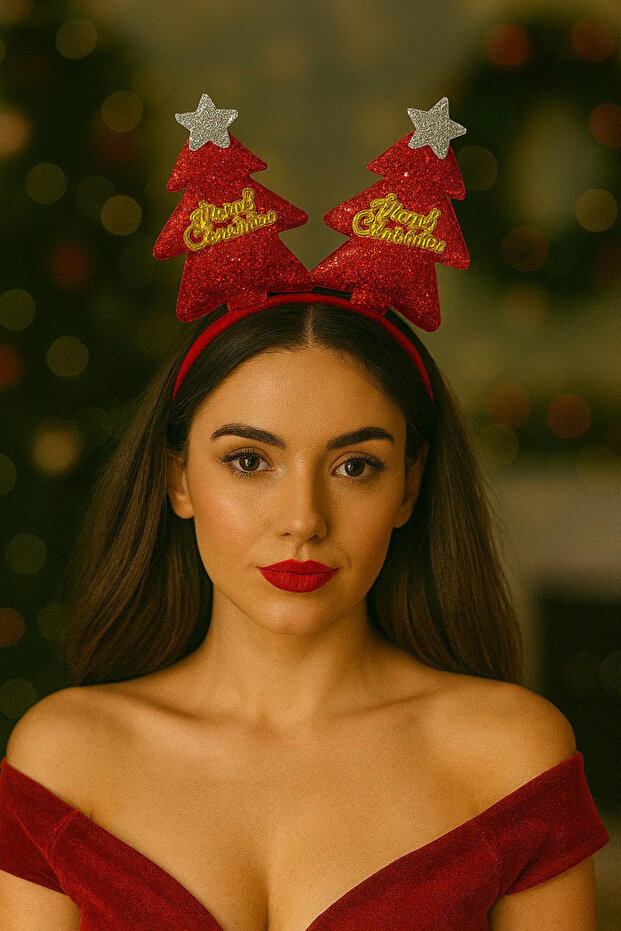 Women's Red Double Pine Tree Figured Star Detailed New Year's Crown