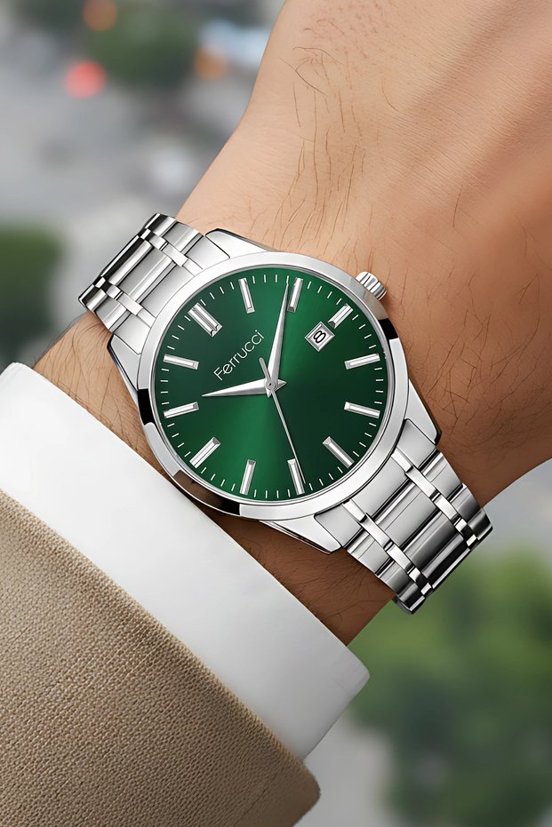 Men's Wristwatch with Calendar Steel Case & Steel Band Silver-Green Zmfer210