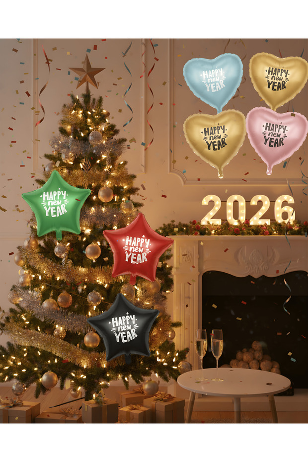 Happy New Year Christmas Tree Party Ornament Heart & Star Foil Balloon Decor Green Star