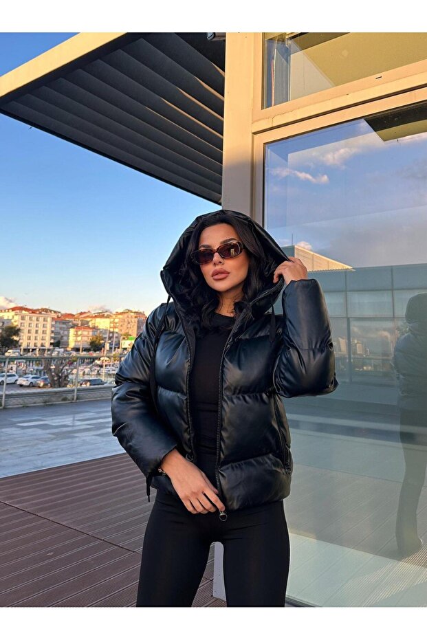 Hooded Crop Short Puffer Leather Coat