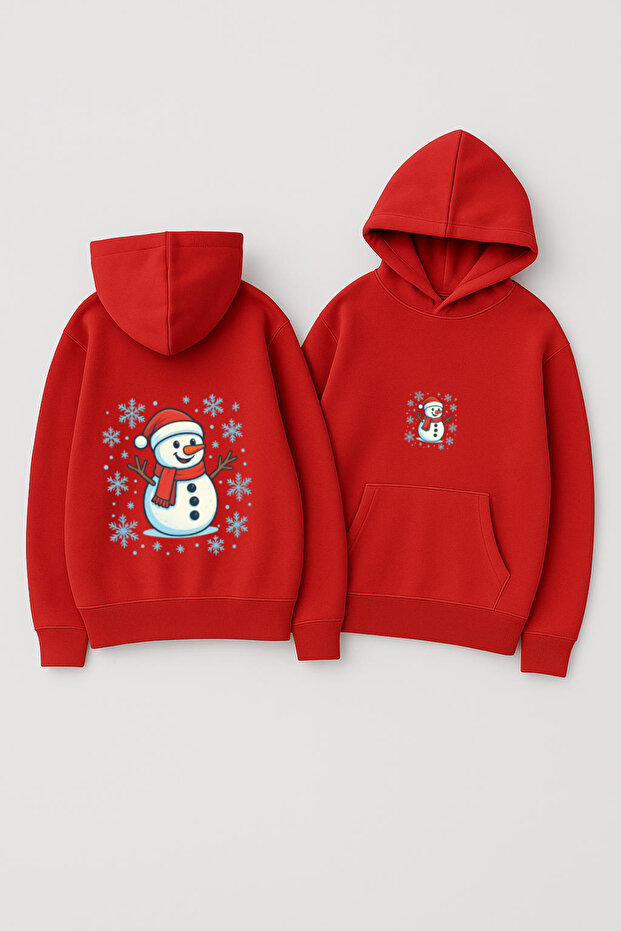Unisex Hooded Oversized Printed Sweatshirt – Snowman with Christmas Hat Snowflakes