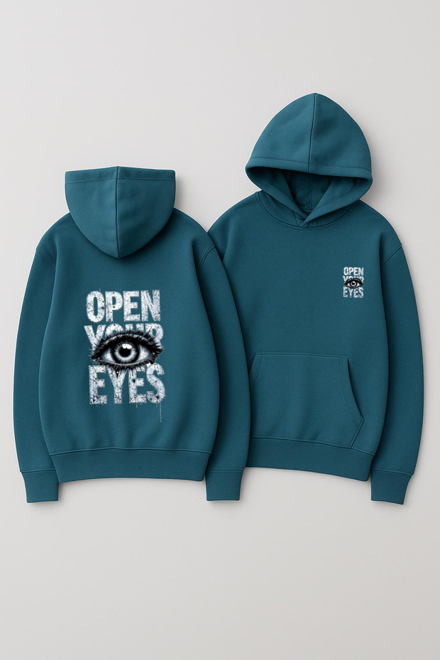 سترة للجنسين بغطاء رأس قصة فضفاضة مطبوع – Open Your Eyes Göz Illustration