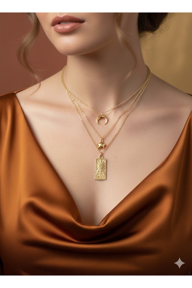 3-Piece Charm Necklace, Crescent Moon Necklace, Star Necklace, Locket Necklace