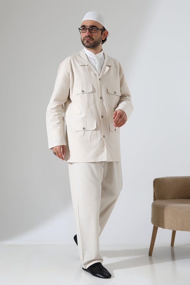 Men's Linen Double Safari Suit - Hajj and Umrah Clothing Cream (Sfa)