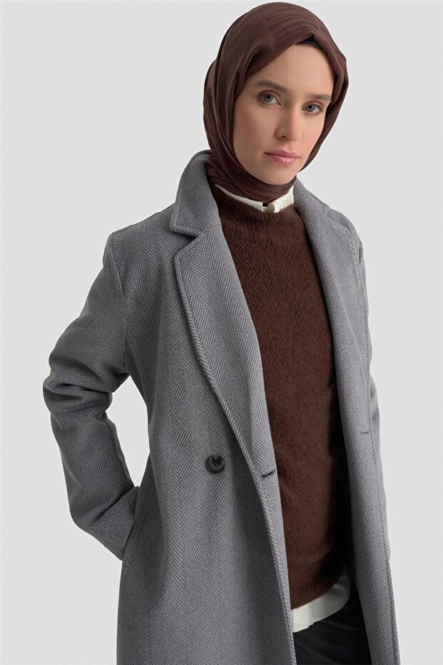 معطف منقوش بنقشة عظم السمك 25KD1606 أنثراسيت