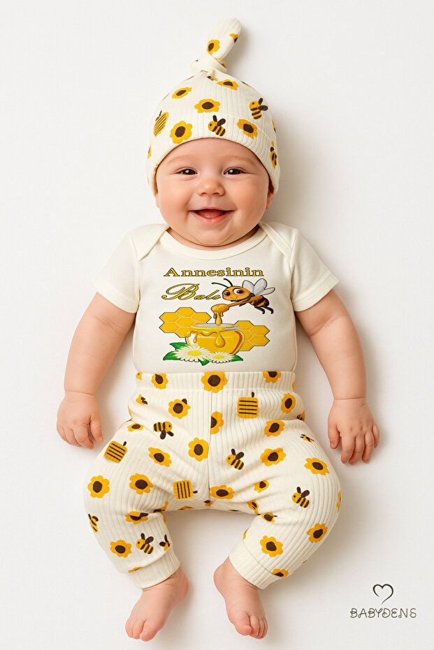 3-Piece Newborn Set, “Mother's Honey” Printed Short Sleeve Bodysuit, Bee Flower Pattern Ribbed Pants, Beanie