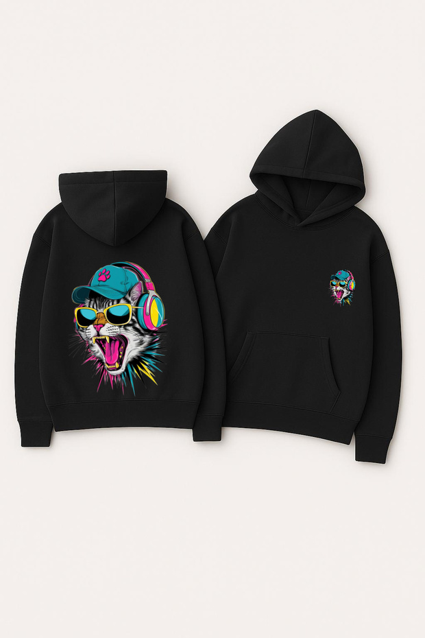 Unisex Hooded Oversized Printed Sweatshirt – Neon Cat Headphones Glasses Streetwear
