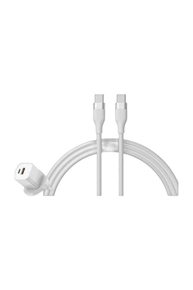 مجموعة شاحن GaN ثنائي المنفذ بقوة 33 وات + كابل USB-C مضفر بقوة 100 وات - أبيض