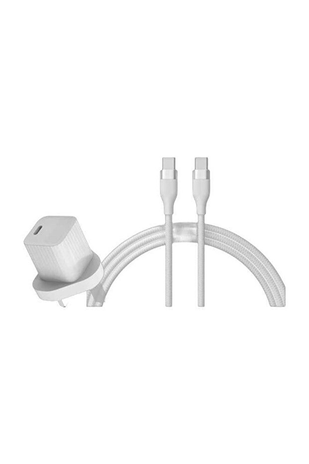 مجموعة شاحن سريع USB-C PD GaN بقوة 33 وات + كابل مضفر USB-C إلى USB-C بقوة 100 وات بطول 2 متر - أبيض