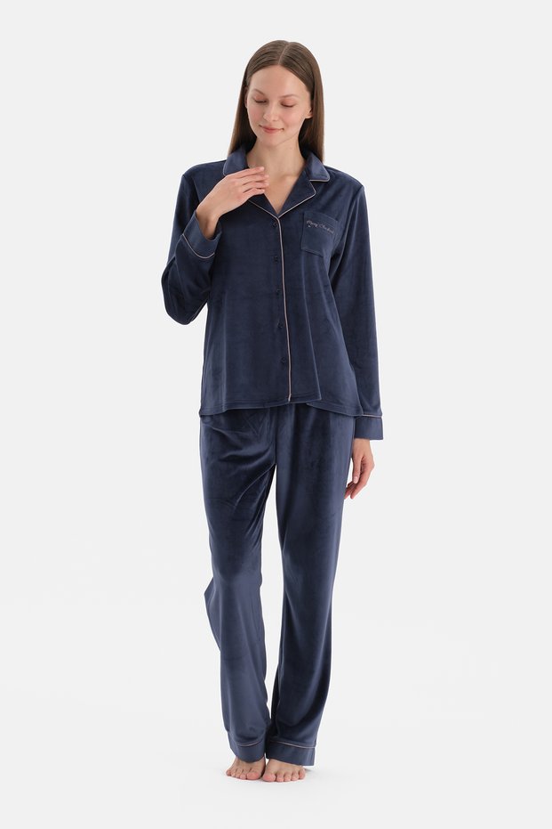 Navy Blue Embroidery Detailed Velvet Shirt Pants Pajama Set