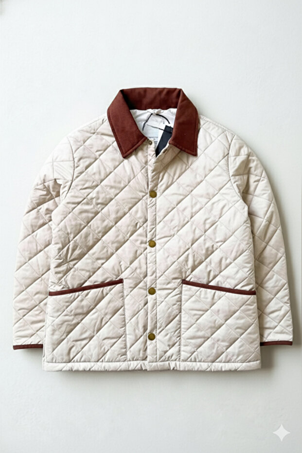 Men's Ecru Regular Fit Premium High Quality Snap Closure Gabardine Quilted Coat with Collar Detail