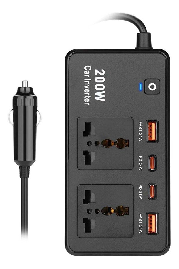 PulseDrive 200W Car Inverter with Dual Universal Sockets, USB-A & USB-C Fast Charging Ports
