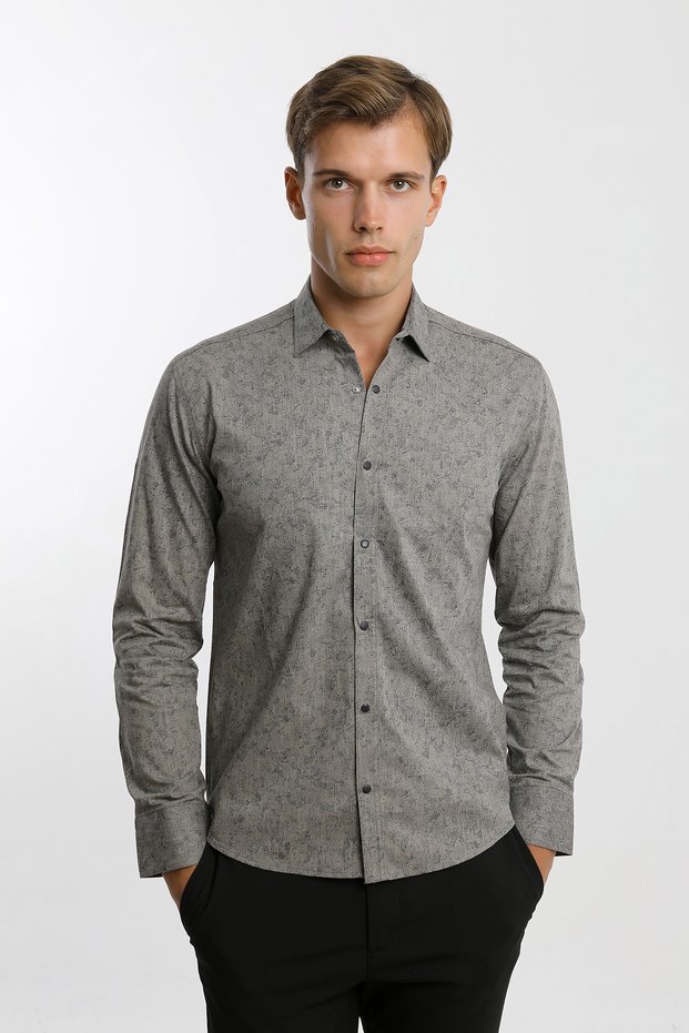 Snap Button Long Sleeve Printed Men's Shirt Slim