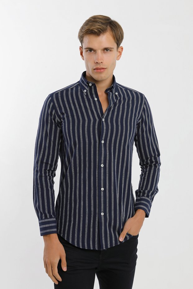 Classic Collar Buttoned Striped Navy Blue Men's Long Sleeve Shirt