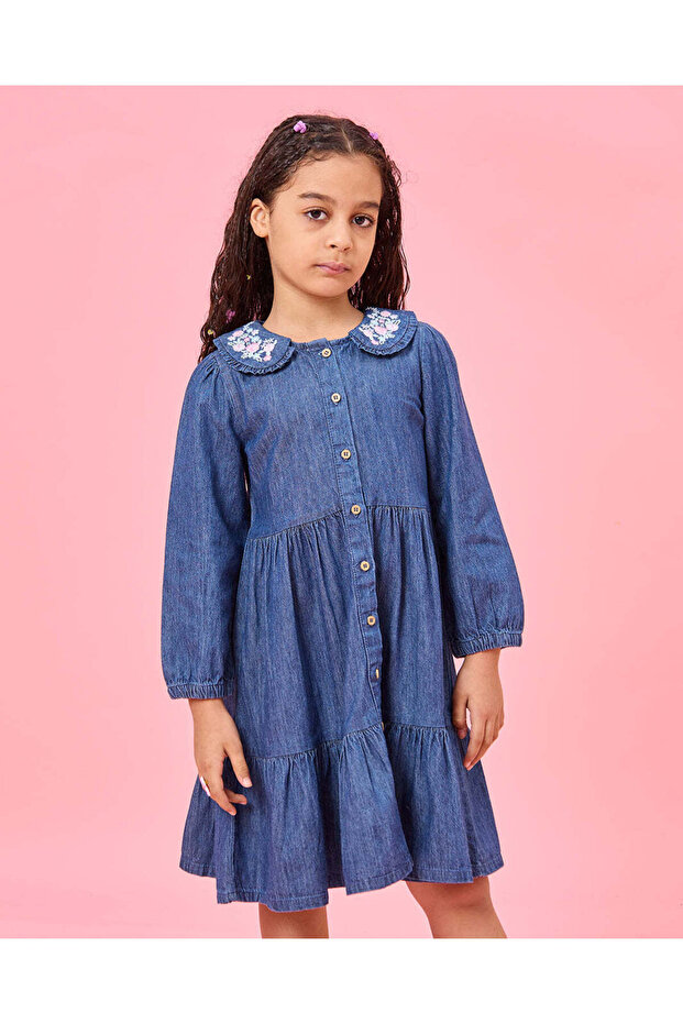 Girls Blue Denim Tired Dress With Collar