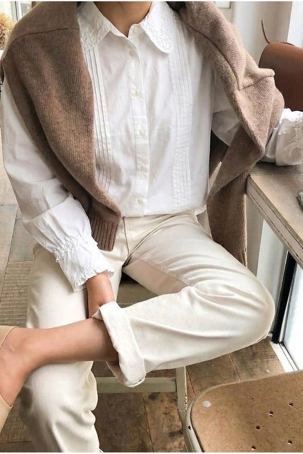 Women's White Cotton Shirt with Ruffle Detail on the Collar and Wrists