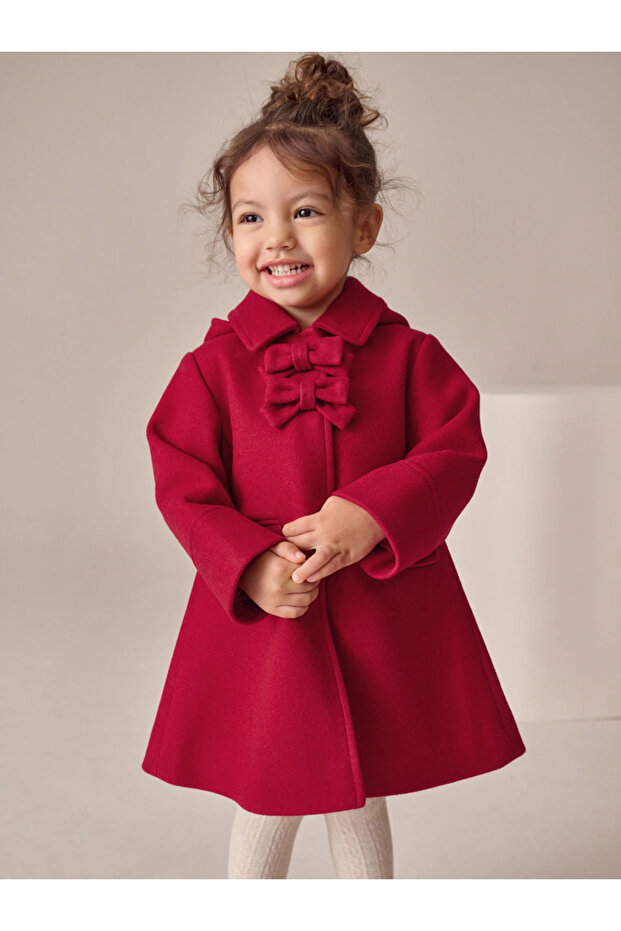 Girl's Red - Wool Bow Detailed Hooded Coat/Coat Alyau6930