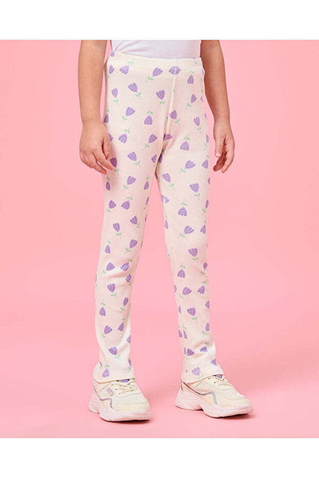 Girls White Flower Printed Rib Leggings