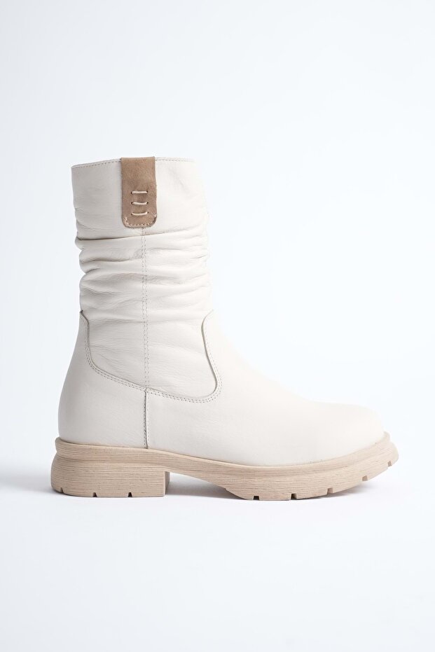 Women's Genuine Leather Fur Lined Bellows Boots - Cream