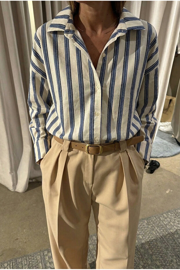 Women's Beige Striped Cotton Shirt