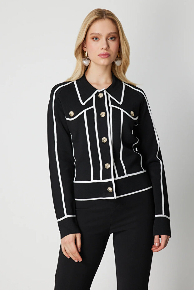 Striped Detail Snap Closure Cardigan 69908-26K