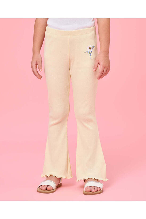 Girls Yellow Flower Embroidered Rib Flared Leggings