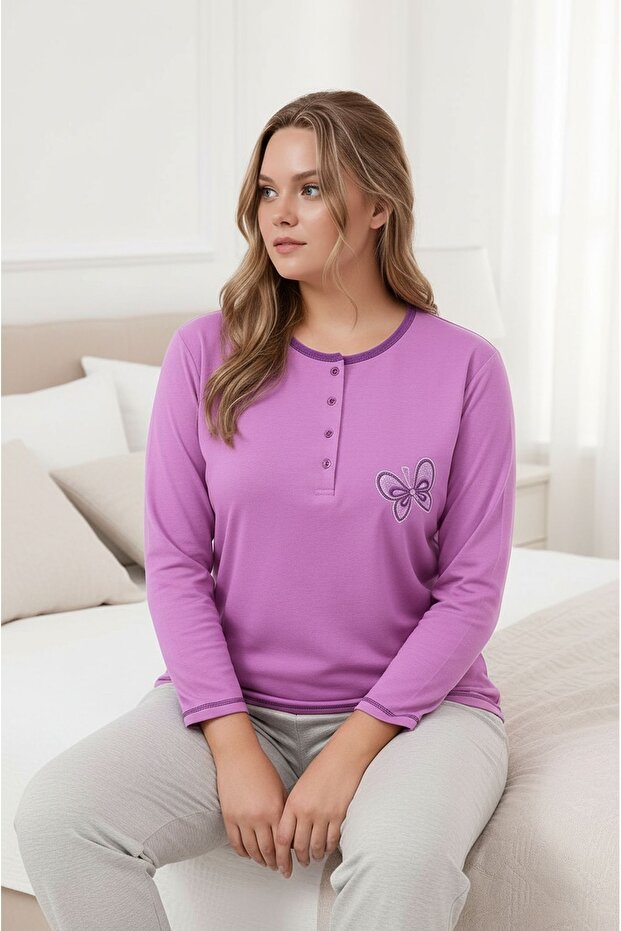 Women's Crew Neck Buttoned Butterfly Embroidered Long Sleeve Plus Size Cotton Curve Nightgown