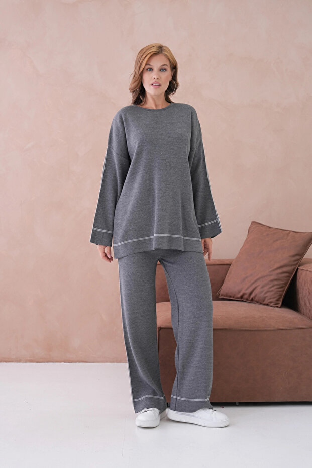 Women's Wide Neck Sweater Pants Two-Piece Knitwear Set