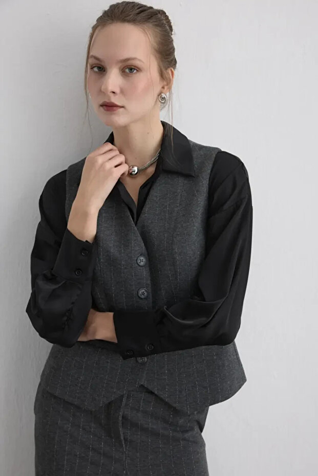 Simli Çizgili Örme Yelek - Gri - 4