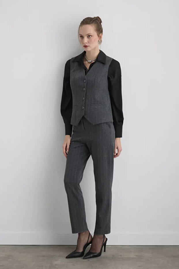 Simli Çizgili Örme Yelek - Gri - 5