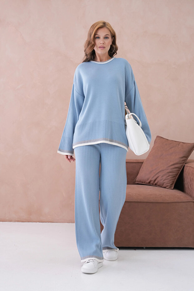 Women's Crew Neck Low Sleeve Sweater Pants Two-Piece Knitwear Set