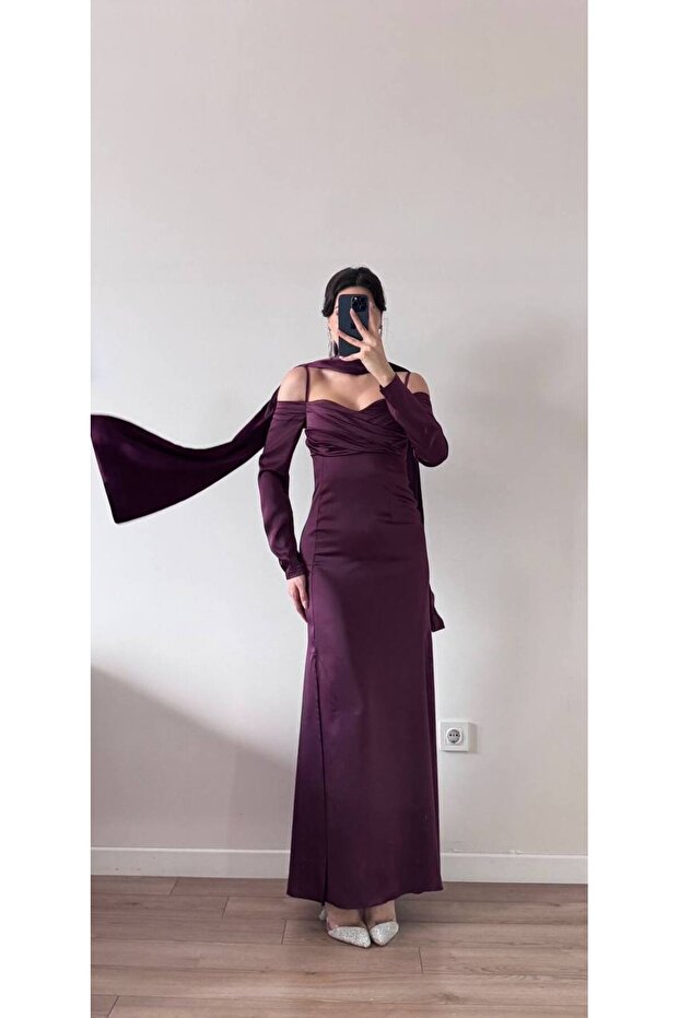 Women's Purple Satin Strap Shawl Slit Maxi Dress