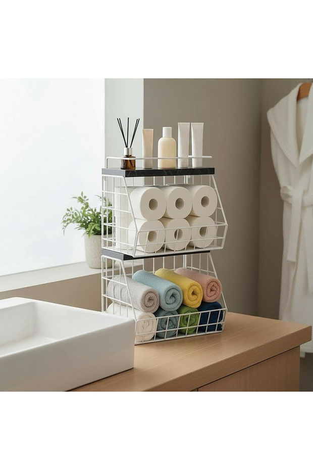 Bathroom Organizer with 2 Shelves Wooden Marble Shelf - Can Be Wall Mounted and Used on Countertop