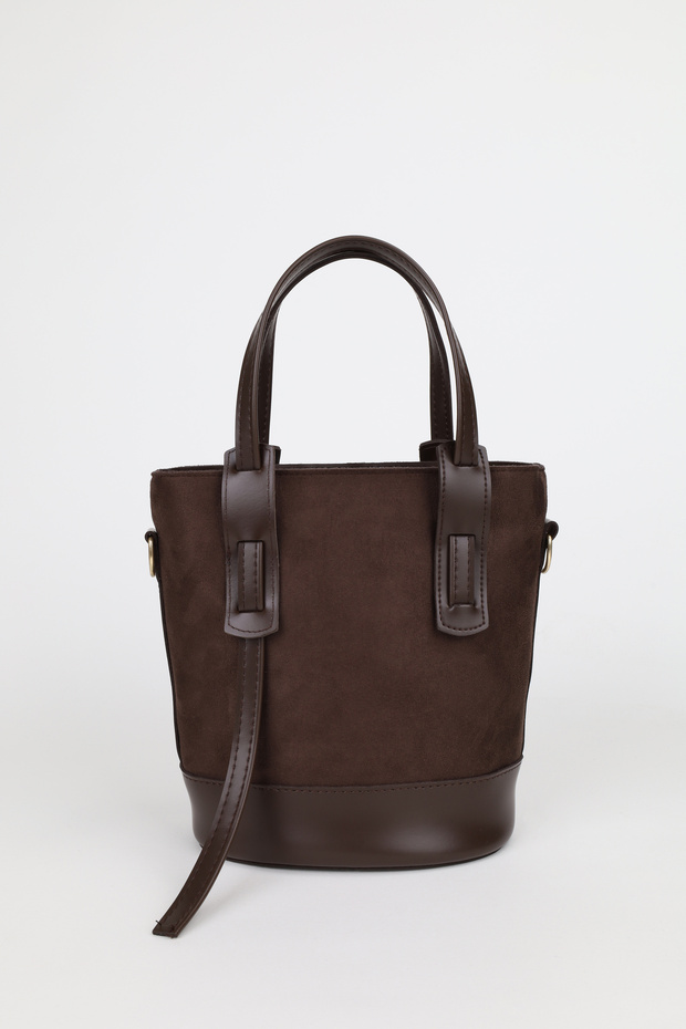 Women's Suede Brown Long Leather Detailed Zipper Closure Bucket Hand and Shoulder Bag