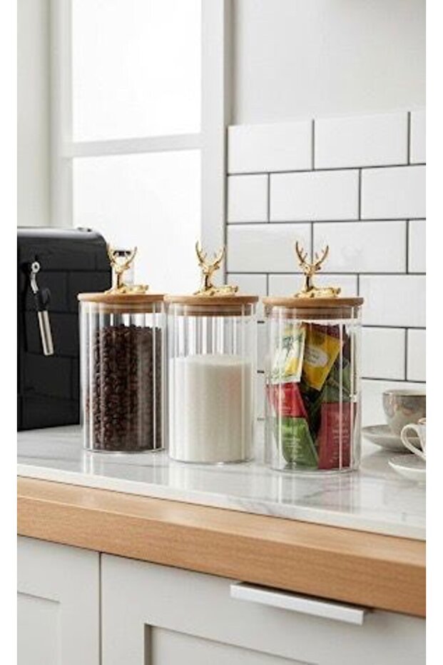 3-Piece Borosilicate Glass Jar with Gold Deer Figure and Bamboo Lid 750 ml Transparent