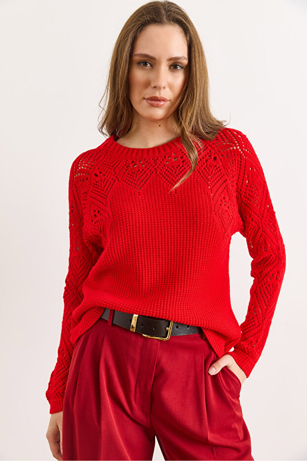 Women's Light Red Openwork Detailed Knitwear Blouse Blz-19003090