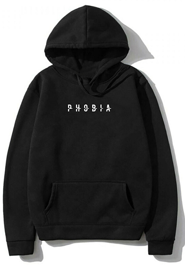 سويت شيرت قطني للجنسين باللون الأسود مقاس كبير 3 Thread Sh مبطن بالصوف O قصة فضفاضة بغطاء للرأس Phobia B مطبوع