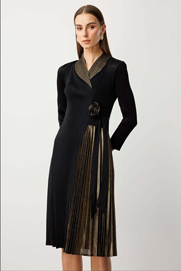 Gül Broşlu Simli Maxi Elbise - 3