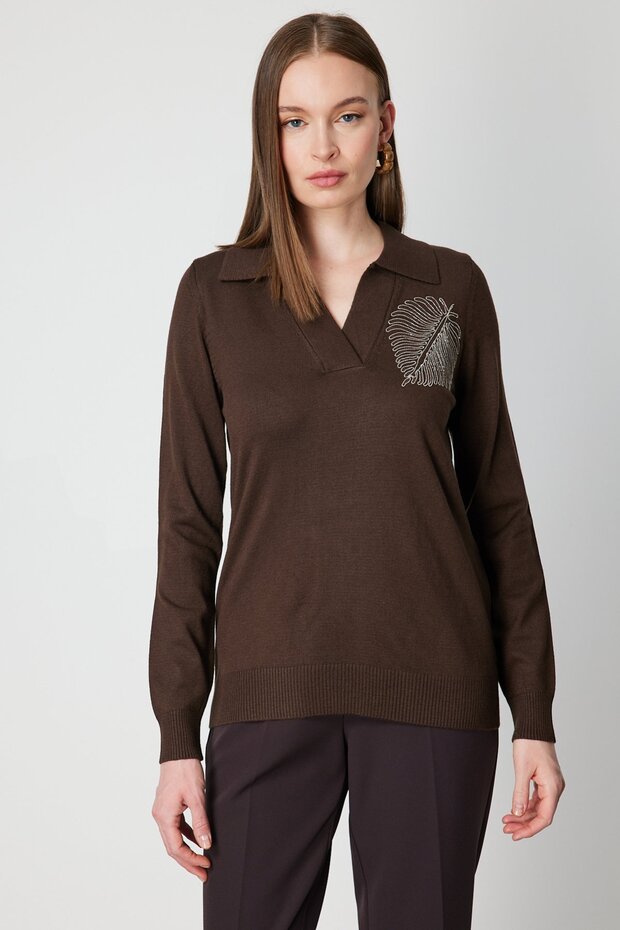 Omzu Chain Leaf Detailed Knitwear Sweater 65334-26K