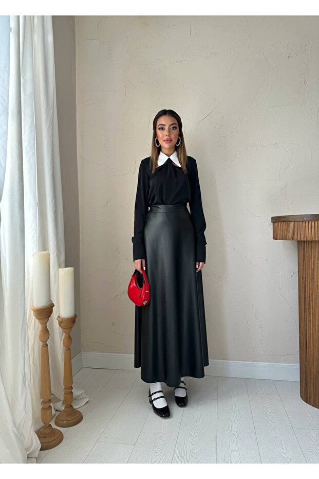 Deri Kloş Midi Etek - 1