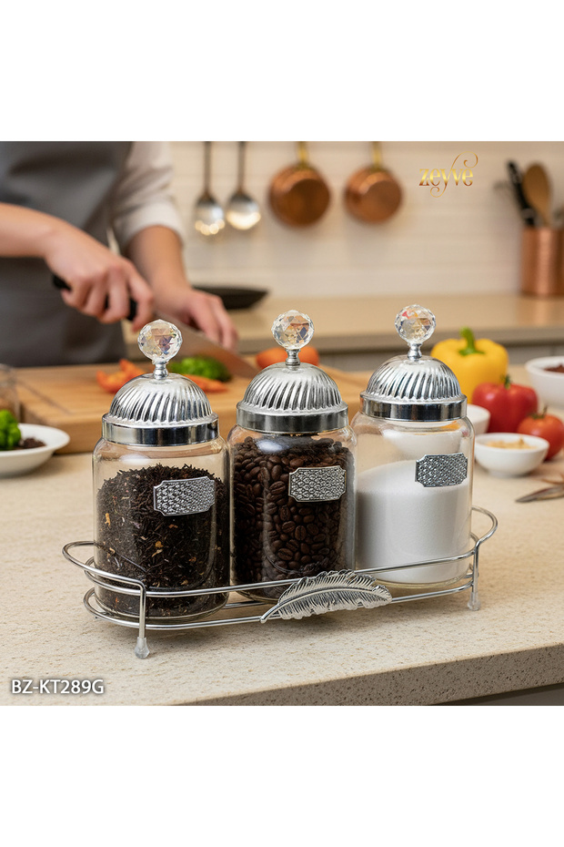Yaprak Model Glass 3-Piece Tray Spice Rack Set 33X23X11Cm