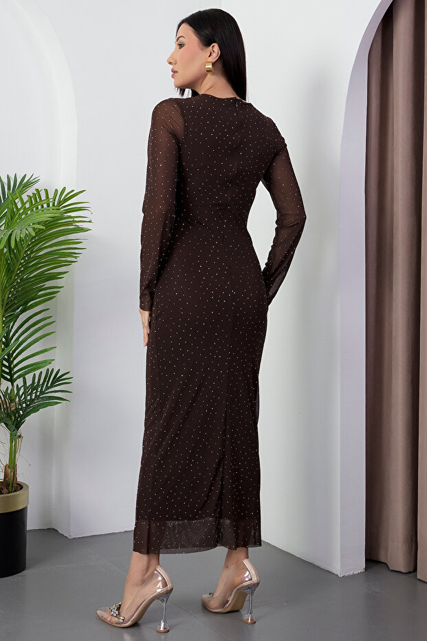 Bisiklet Yaka Drapeli Taşlı Tül Elbise DKS1330 - 7