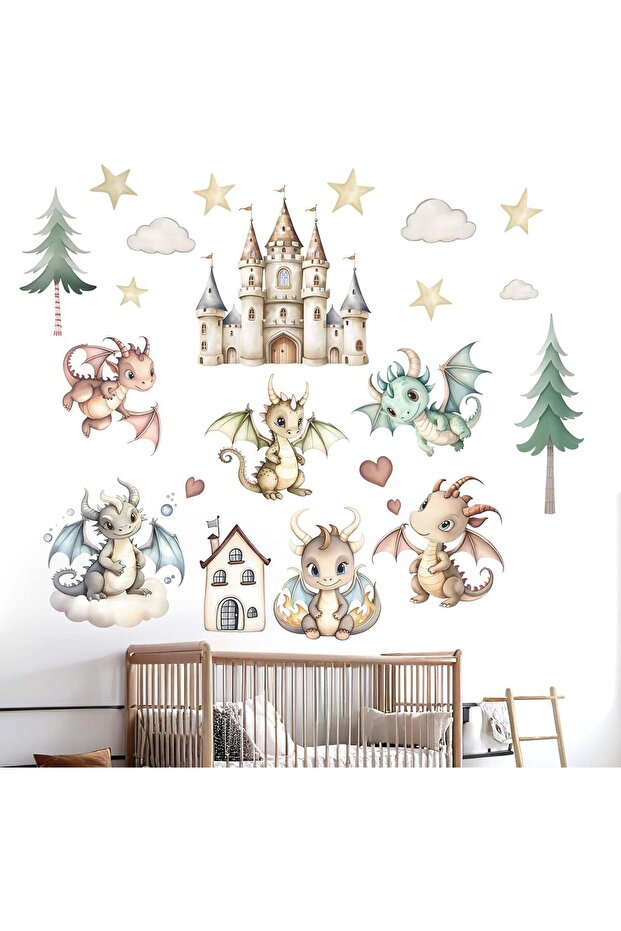 Baby Dragon Wall Stickers - Peel and Stick Stars Clouds Tree Wall Decals for Kids