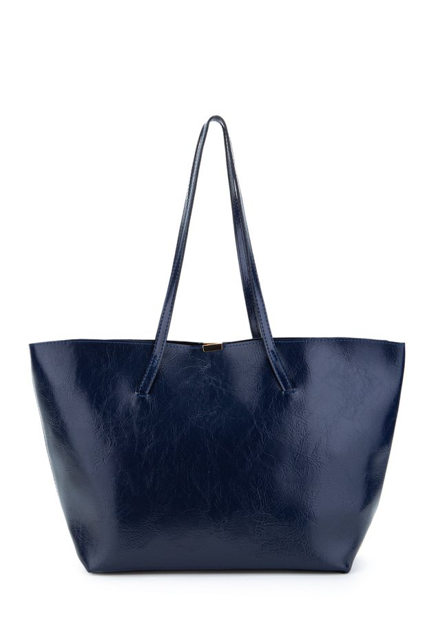 Faux Leather Stand Handle Bag with Metal Accessories Navy Blue