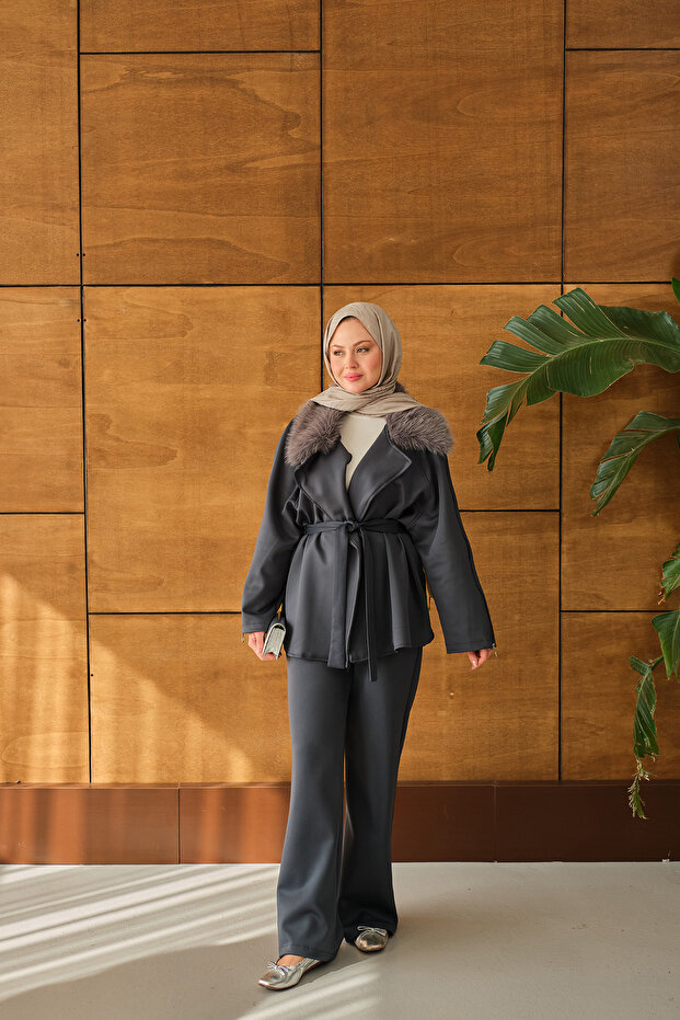 Women's Fur Collar Sleeves Zippered Suit Anthracite